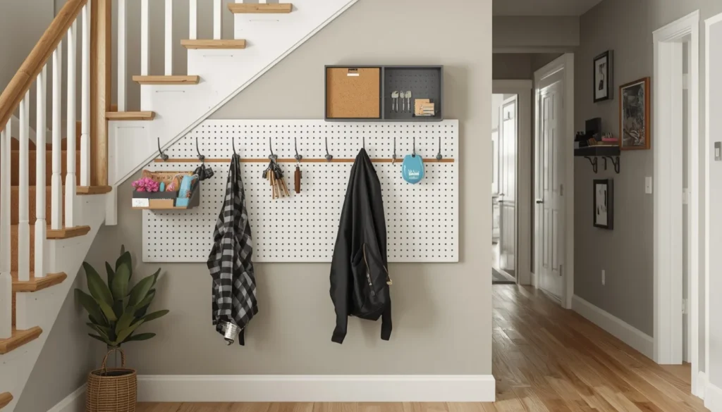 Under stairs wall space ideas: pegboard entryway command center for keys and mail