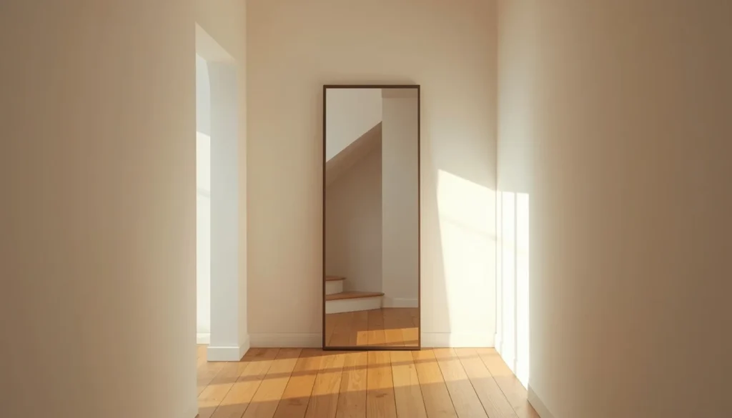 Under stairs wall space ideas: tall leaning mirror to visually expand a narrow hallway