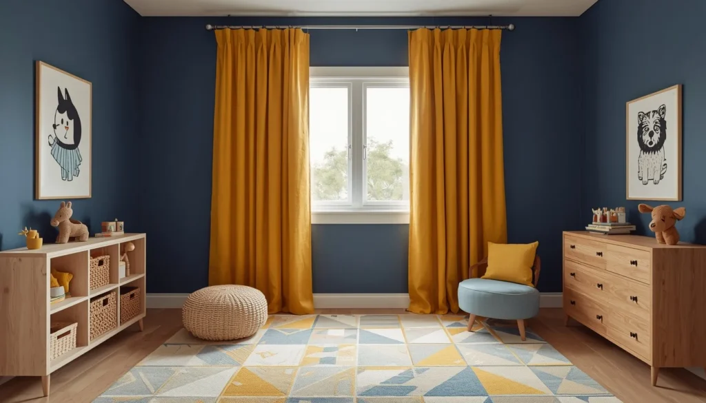 Children's Room Paint Ideas — navy blue walls with mustard yellow accents in kids bedroom