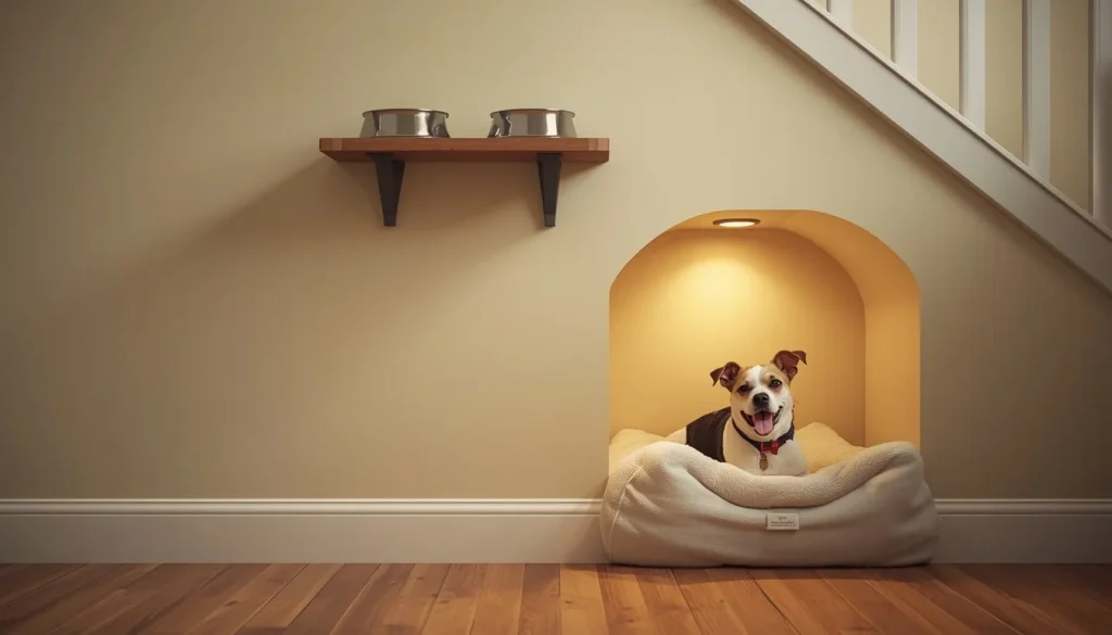 Under stairs wall space ideas: pet nook with wall-mounted bowl shelf and dog bed