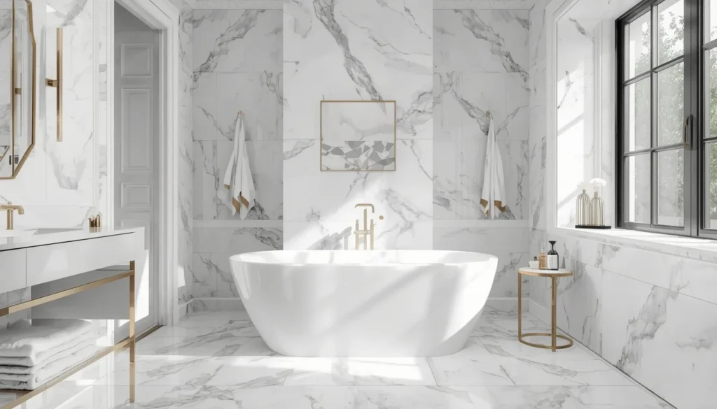 bathroom tiles ideas with marble look porcelain tile walls