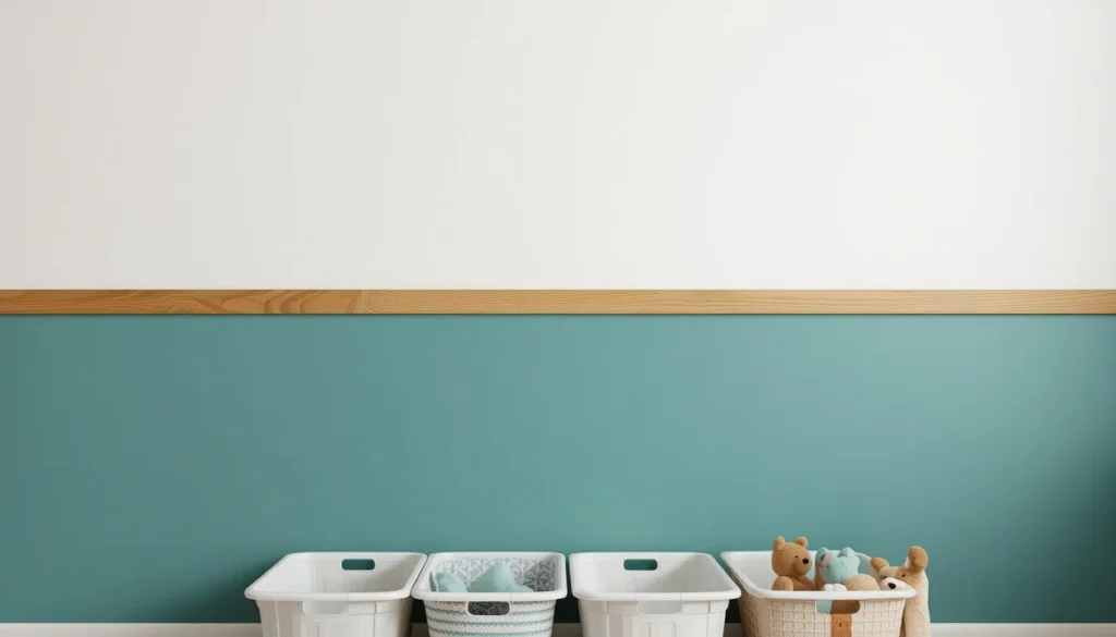Alt Text: Children's Room Paint Ideas — teal and white color-block half wall in playroom