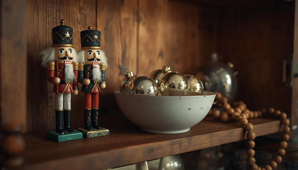 nutcracker and vintage ornament christmas kitchen decor shelf vignette