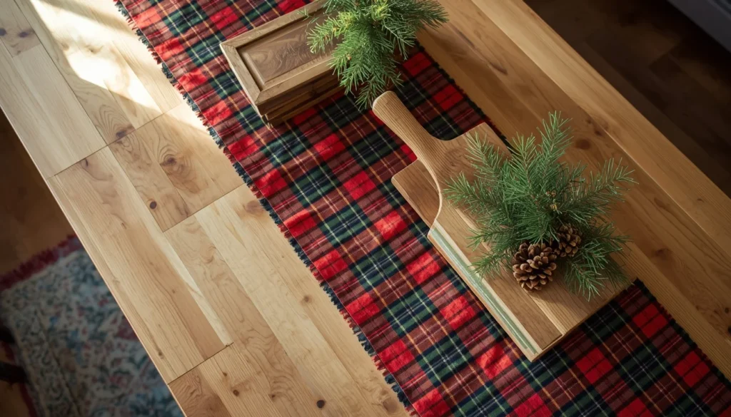 plaid runner christmas kitchen decor idea styled on a wooden island