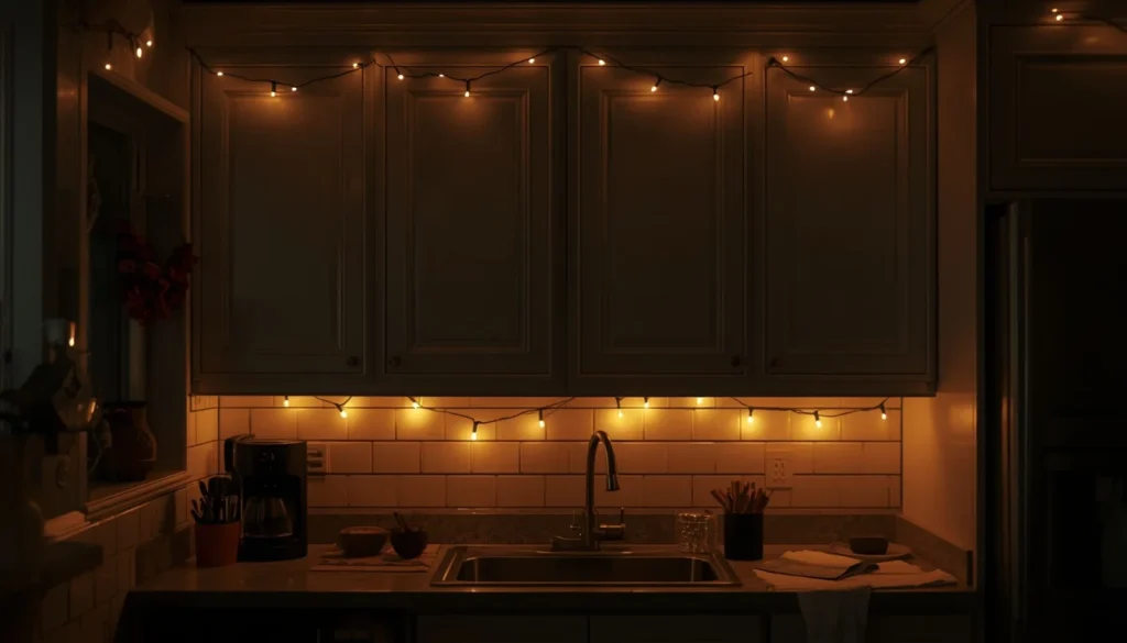 warm white under cabinet string lights christmas kitchen decor at night
