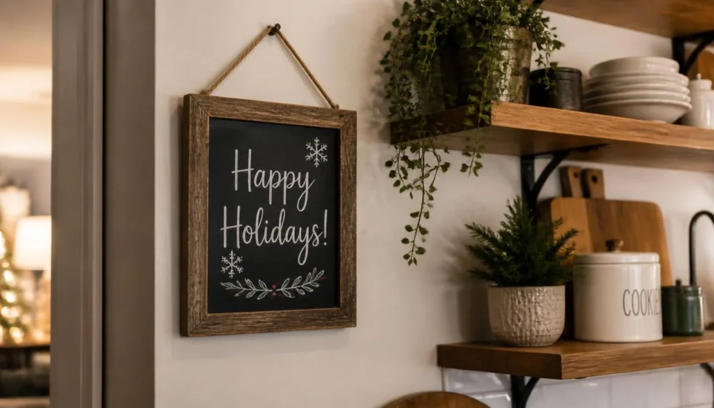 hand lettered chalkboard sign christmas kitchen decor on wall