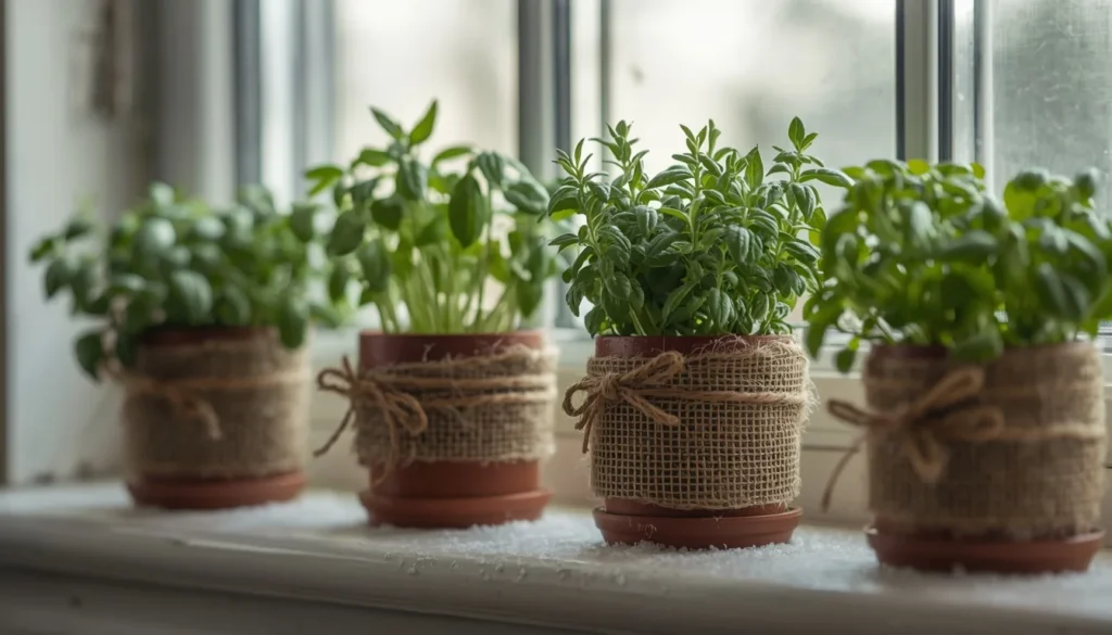 burlap wrapped herb pots christmas kitchen decor windowsill idea