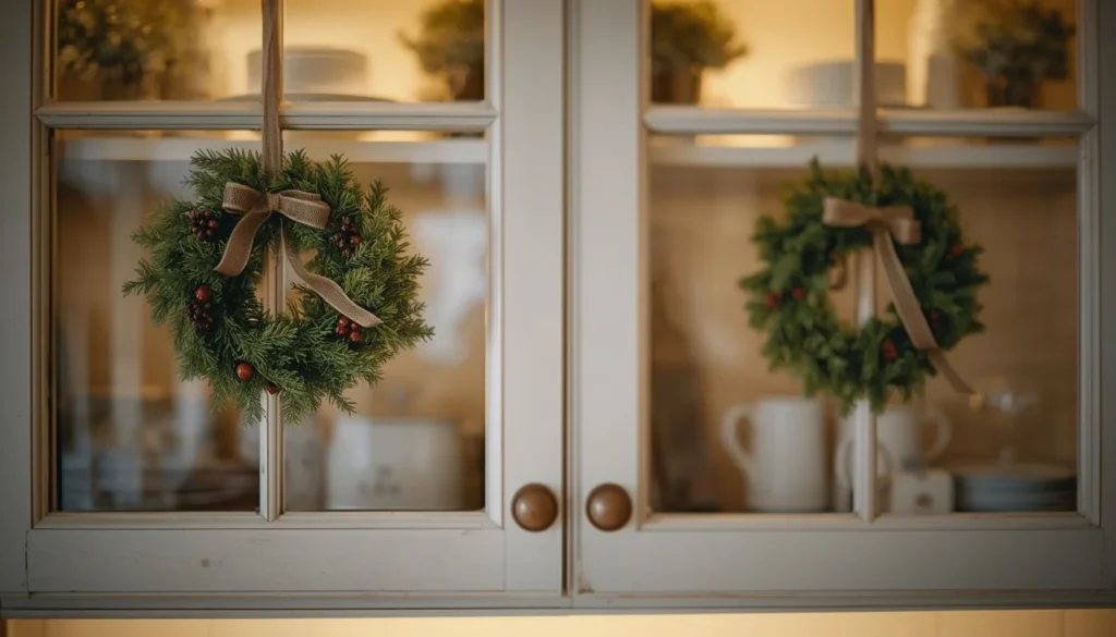 mini wreaths on glass front cabinets christmas kitchen decor idea