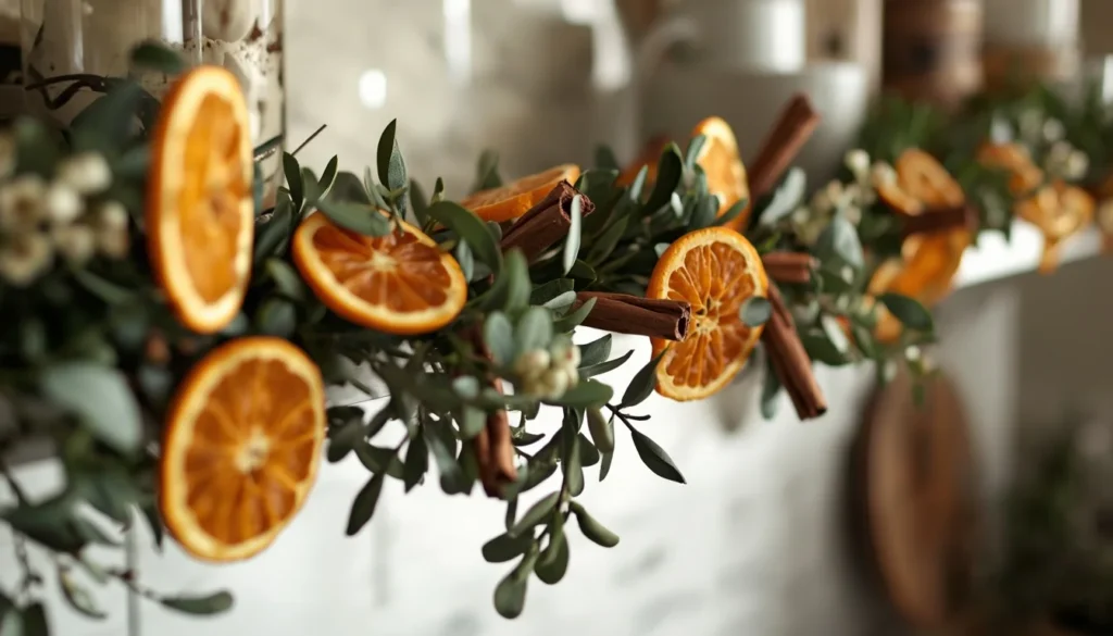 fresh citrus and cinnamon christmas kitchen decor garland on open shelf