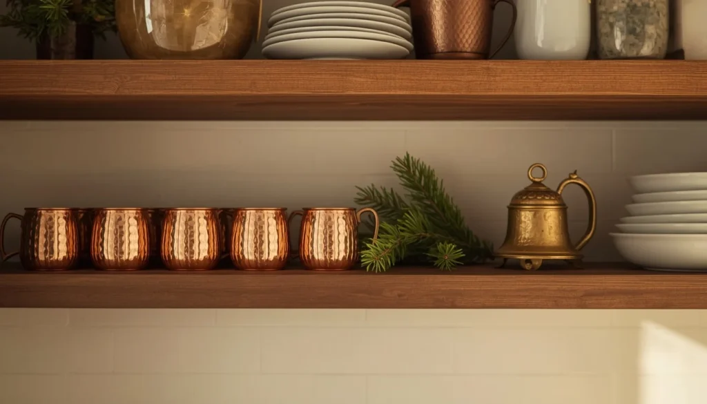 copper and brass christmas kitchen decor accents on open shelving