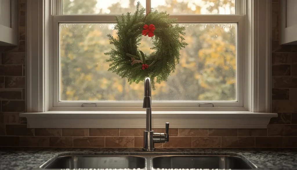 fresh greenery swag christmas kitchen decor over sink window