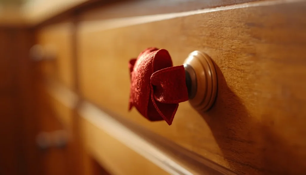 ribbon wrapped cabinet knob christmas kitchen decor detail
