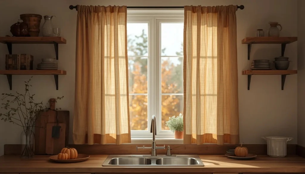 Textured linen curtains fall kitchen decor idea 2026