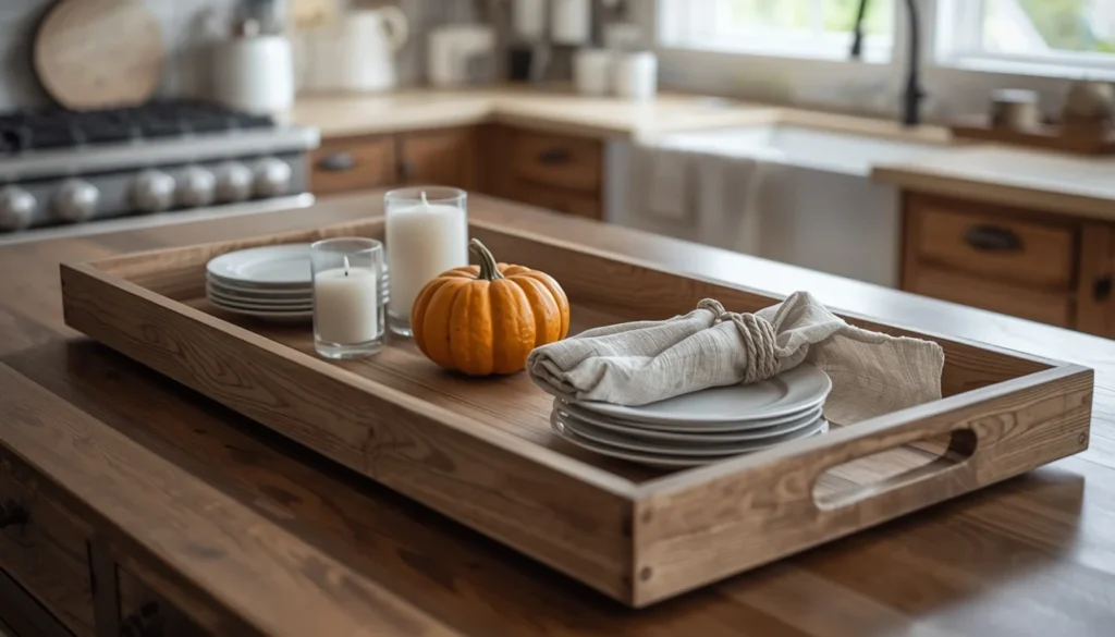  Layered tray styling idea for fall kitchen island decor