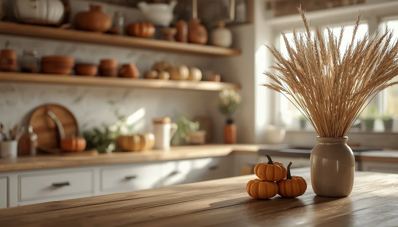 Fall kitchen decor ideas 2026 — cozy modern farmhouse kitchen styled with terracotta and pumpkins