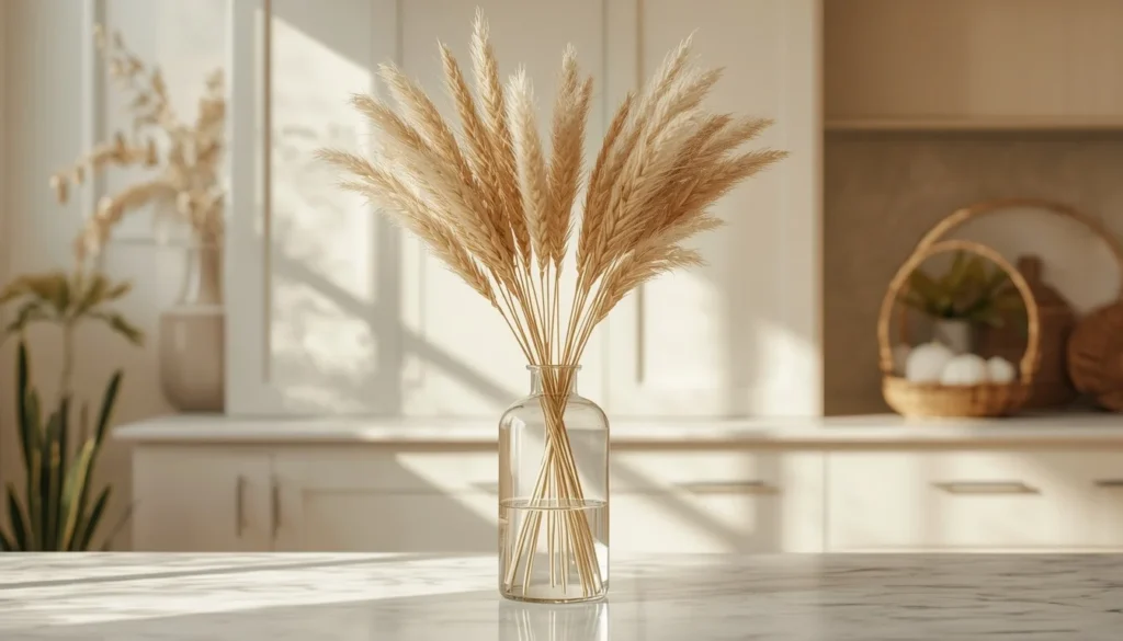 Dried wheat and pampas grass centerpiece idea for a fall kitchen
