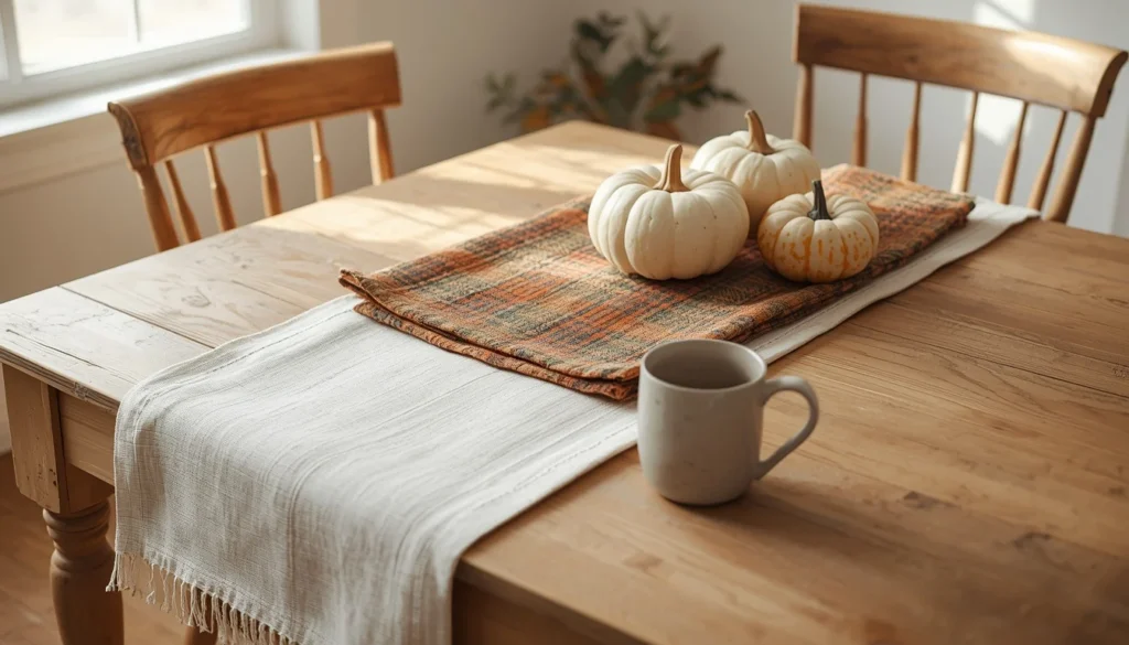 Layered plaid table runner fall kitchen decor idea for 2026