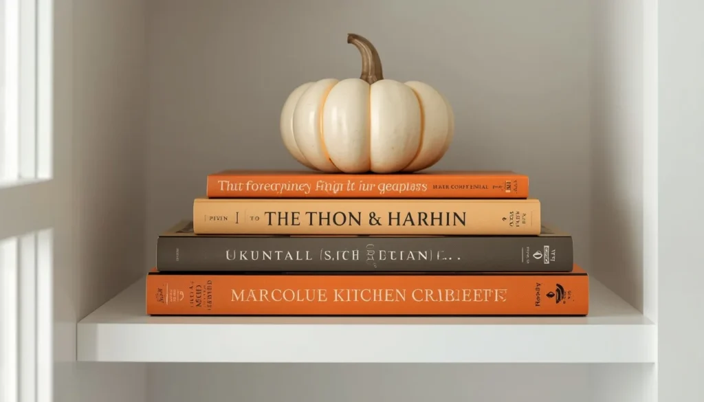 Seasonal cookbook shelf styling for fall kitchen decor ideas
