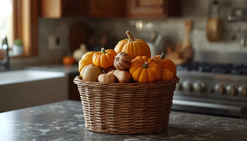 Woven basket produce storage idea for fall kitchen decor