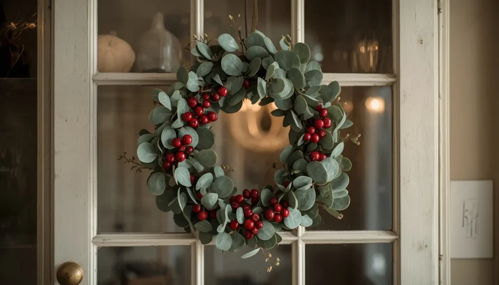 Botanical fall wreath on kitchen cabinet decor idea