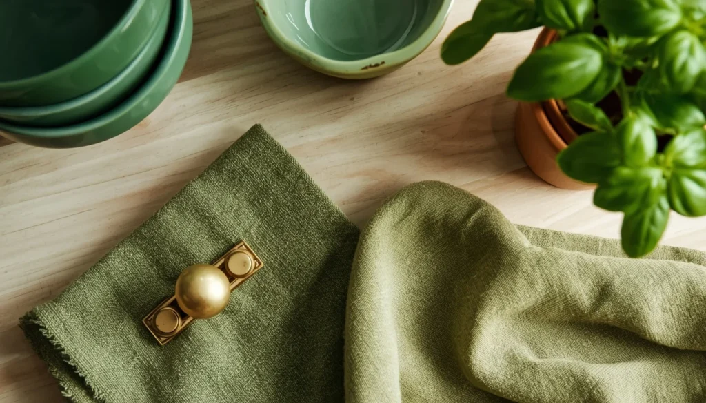 Green kitchen decor accessories including ceramic bowls, brass hardware, and a potted herb plant