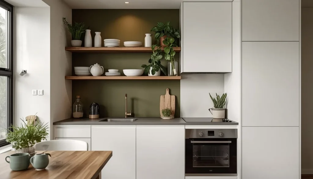 Olive green accent wall in a small apartment kitchen with white cabinets and open shelving