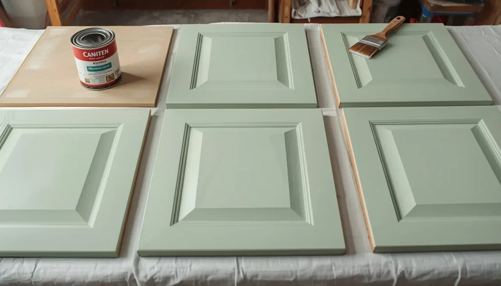 DIY step-by-step process of painting kitchen cabinets in green kitchen decor style