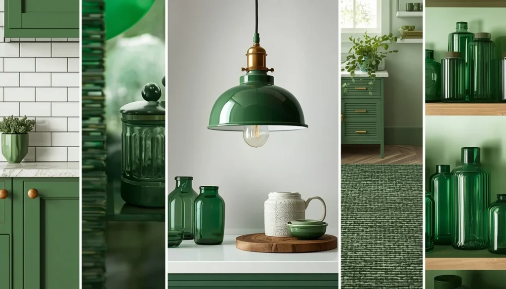 Comparison of green kitchen decor ideas including tile, hardware, lighting, glassware and rugs