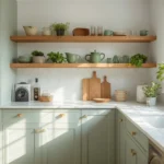 Sage green kitchen decor with brass hardware and open wood shelving in a sunlit modern kitchen