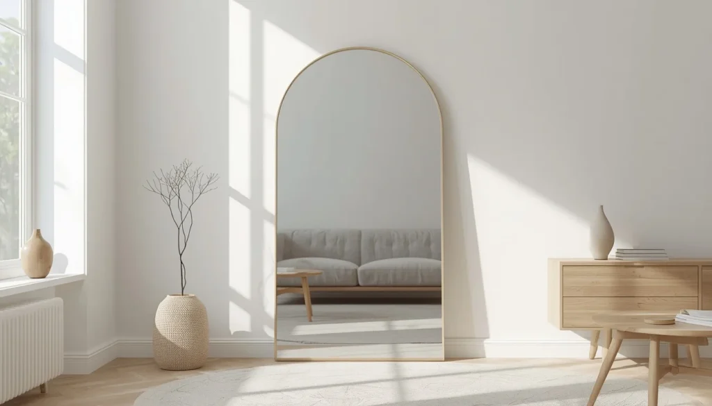 Oversized arched mirror as living room wall decor idea reflecting natural light