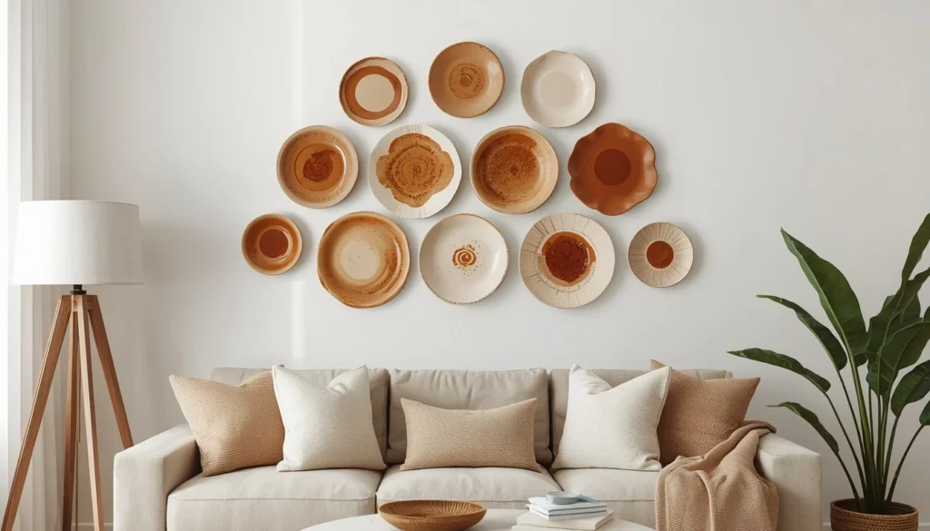 Cluster of ceramic decorative plates as wall art idea for living room