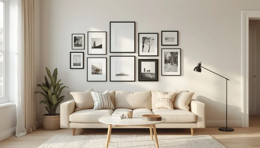 Wall decor ideas for living room featuring a curated black and wood frame gallery wall above a beige sofa