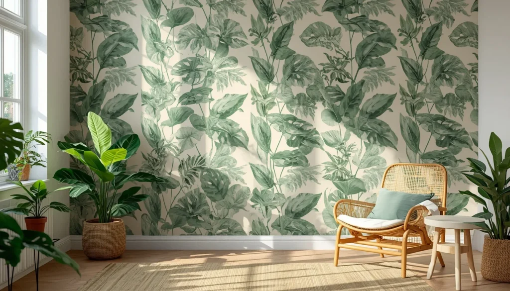 Botanical peel-and-stick wallpaper as feature wall decor idea for living room