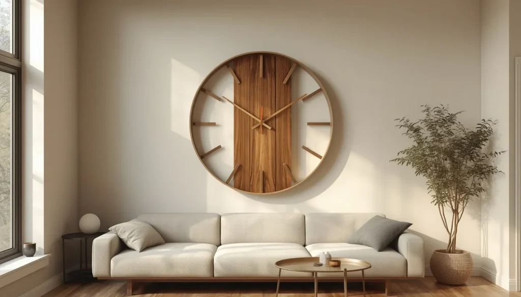 Oversized sculptural wood wall clock as functional wall decor idea for living room