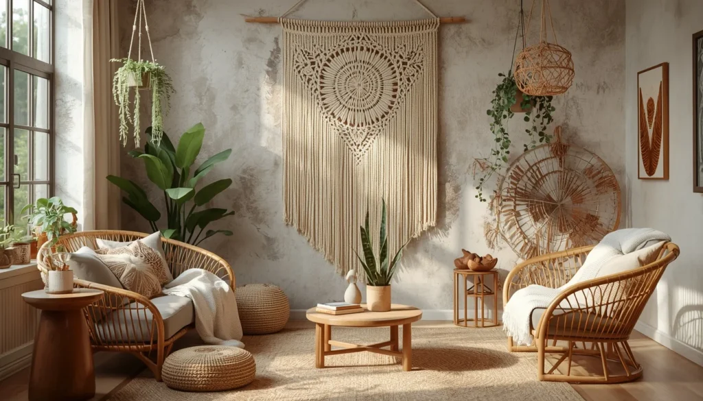 Woven macrame wall hanging used as boho wall decor idea for living room