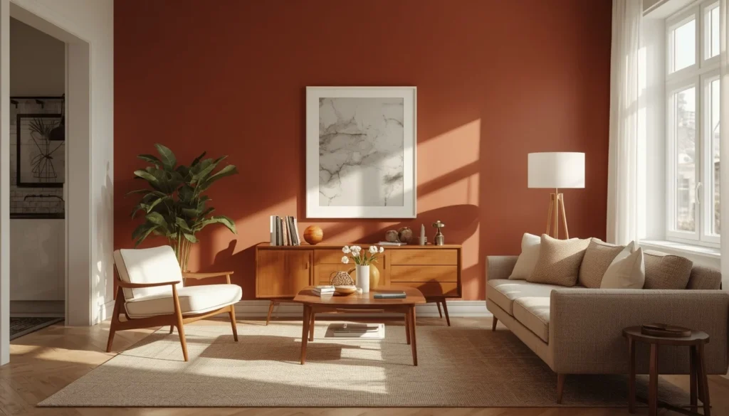 Terracotta accent wall paint idea for living room decor