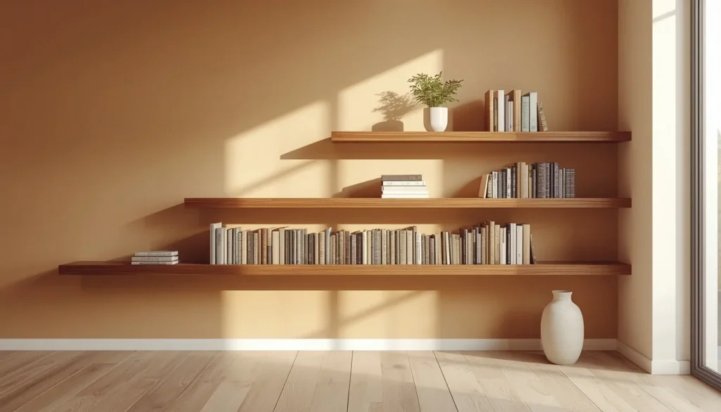 Floating wood shelves styled as functional wall decor idea for living room
