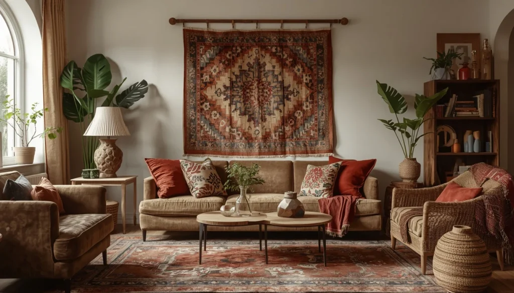 Vintage rug hung on wall as unique wall decor idea for living room