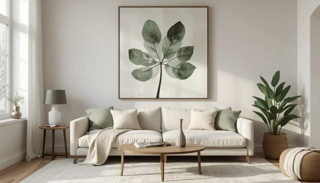 Large abstract botanical canvas as statement wall decor idea for living room