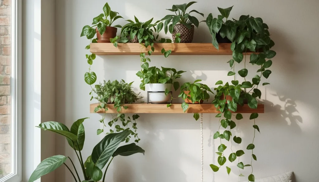 Wall-mounted plant shelves creating a living wall decor idea for living room