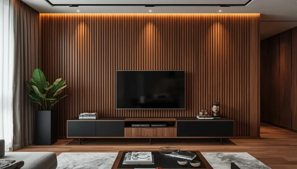 Fluted wood slat wall panel as modern wall decor idea for living room