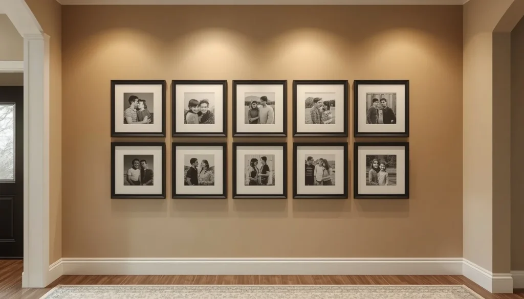 Uniform black frame photo wall as family wall decor idea for living room