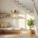 Under stairs wall space ideas — styled staircase nook with shelves, bench, and plants